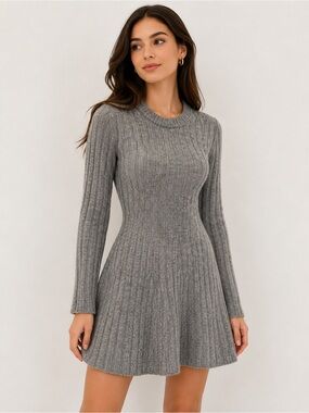 H&M Gray Ribbed Knit Fit & Flare Sweater Dress Long Sleeve Mini XS/S